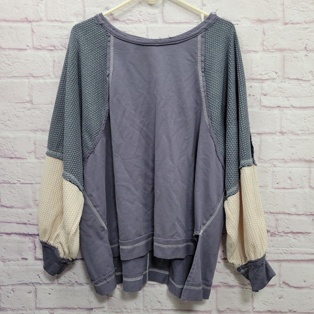 SHE+SKY Colorblock Sweatshirt L Distressed Knit Waffle Oversized Boho Indie Cozy